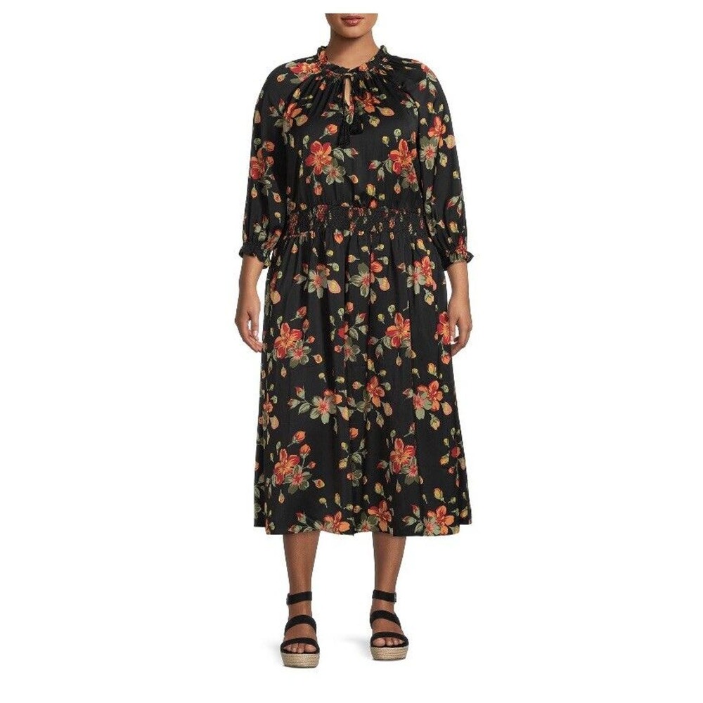 Terra & Sky Women’s Plus Size 0X Peasant Midi Dress Black Floral tiered Skirt